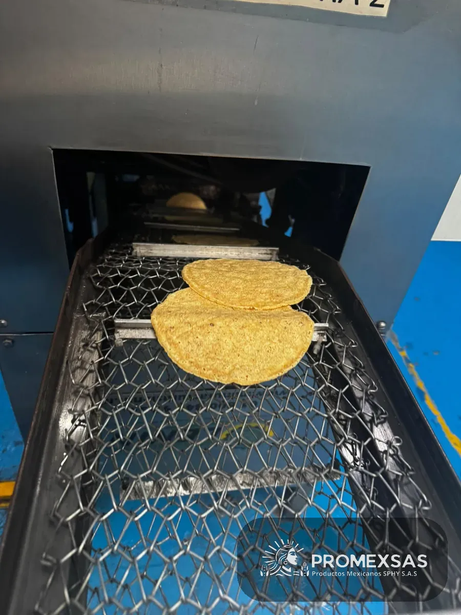 Tortilla de maíz nixtamalizado pasando por el horno de banda